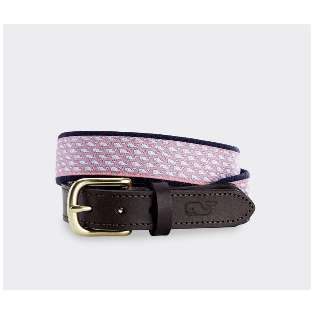 Vineyard Vines Kids Pink Whale Logo Canvas Leather Club Belt Navy Brown Size 24